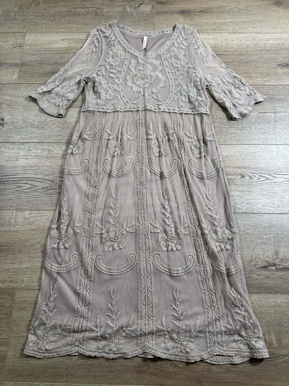 Orange Creek M/L Beige Embroidered Lace Midi Dress Lined Boho Floral - Picture 2 of 16
